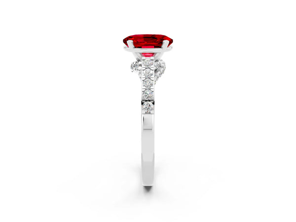 Platinum Oval Cut Ruby Solitaire Ring with Crossover Gallery and Round  Pavé Band
