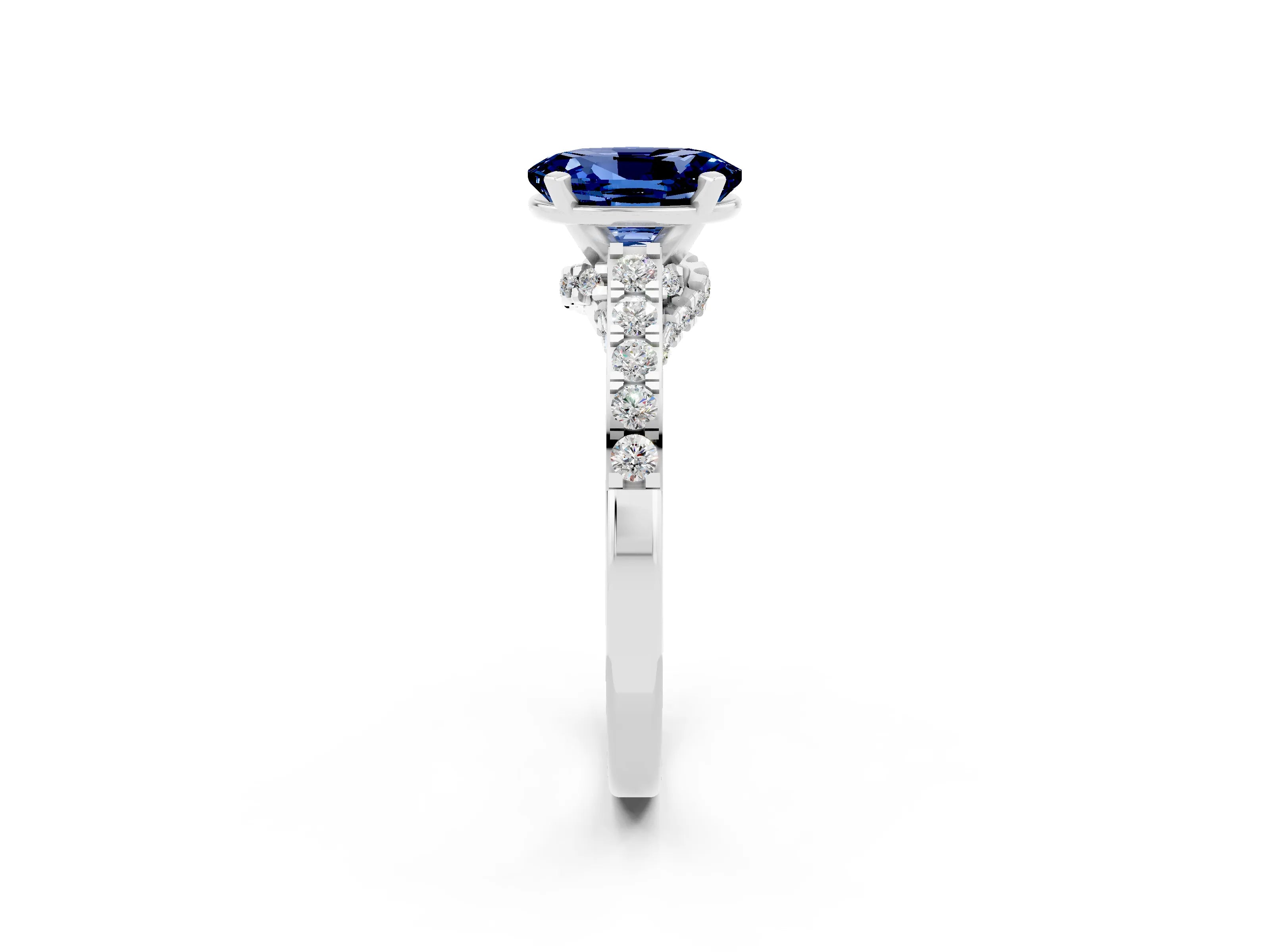 White gold Oval Cut Diamond Solitaire Ring with Pavé Band and Prong Setting_2