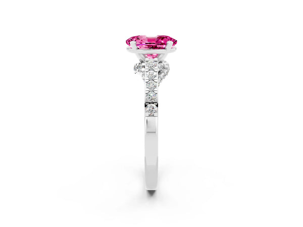 White gold Oval Cut Pink Sapphire Solitaire Ring with Crossover Gallery and Round  Pavé Band