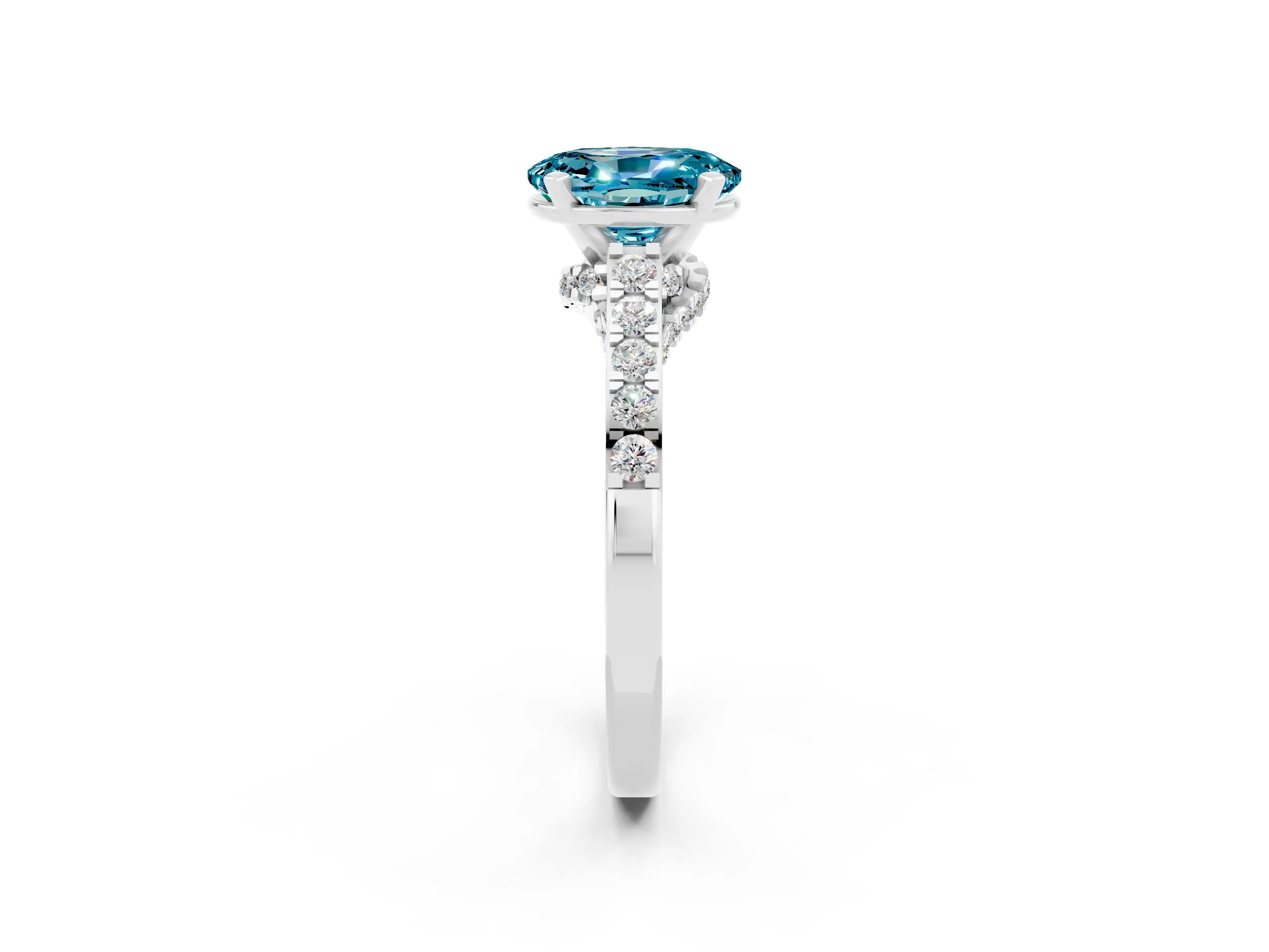White gold Oval Cut Diamond Solitaire Ring with Pavé Band and Prong Setting_2