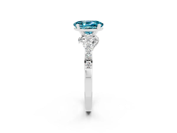Silver Oval Cut Blue Topaz Solitaire Ring with Crossover Gallery and Round  Pavé Band