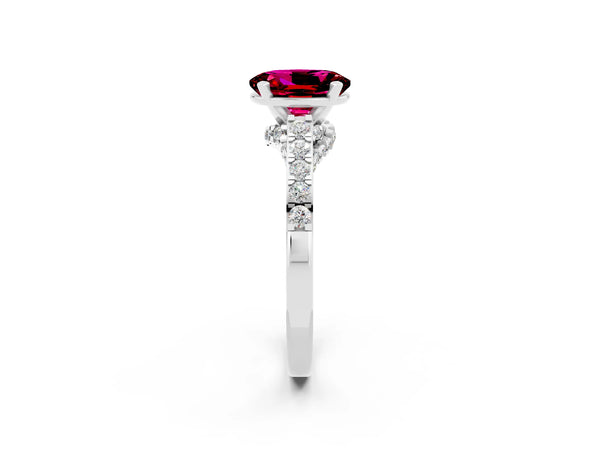 Platinum Oval Cut Garnet Solitaire Ring with Crossover Gallery and Round  Pavé Band