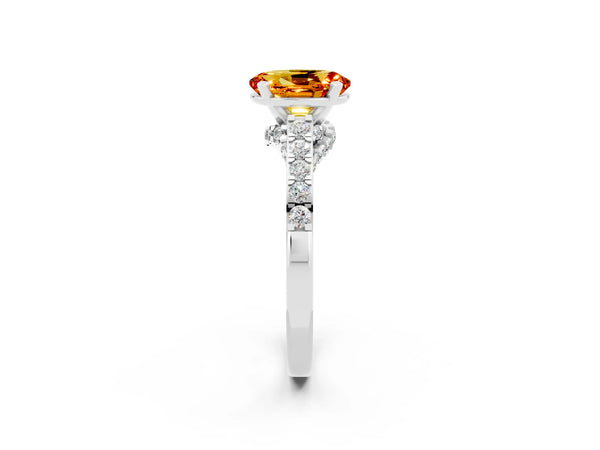 Platinum Oval Cut Citrine Solitaire Ring with Crossover Gallery and Round  Pavé Band