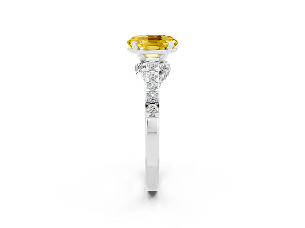 Silver Oval Cut Yellow Sapphire Solitaire Ring with Crossover Gallery and Round  Pavé Band