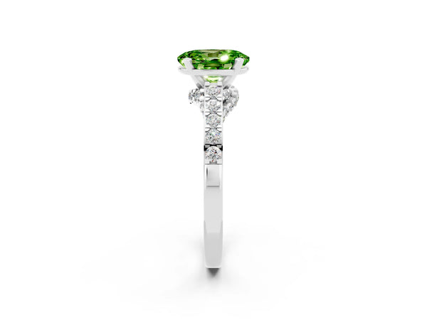Platinum Oval Cut Peridot Solitaire Ring with Crossover Gallery and Round  Pavé Band