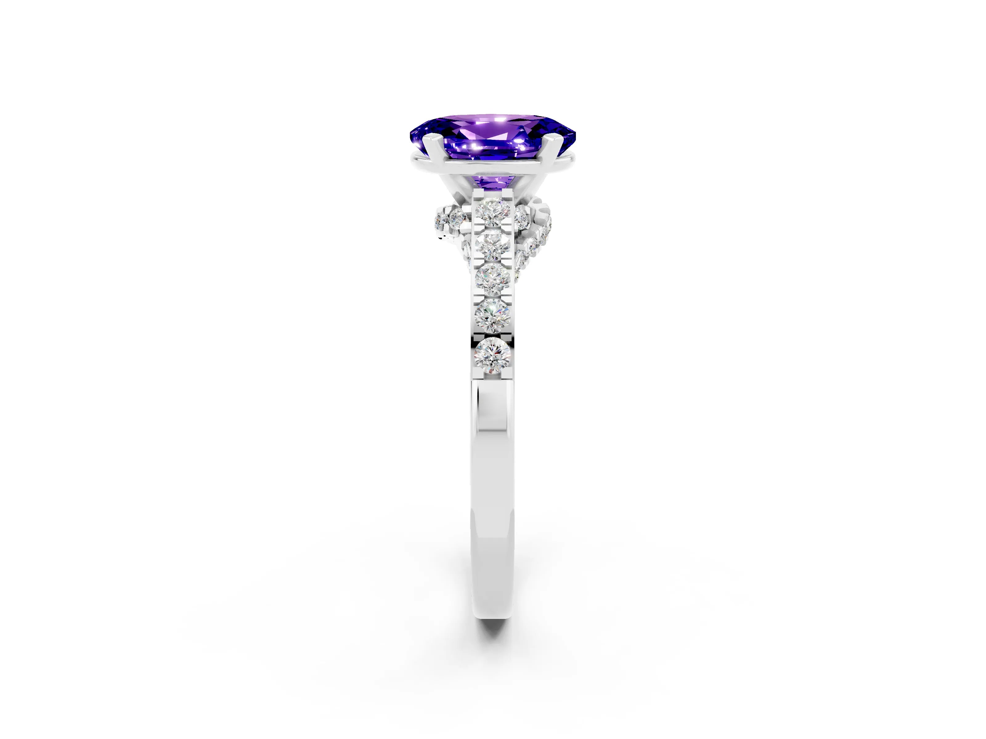 White gold Oval Cut Diamond Solitaire Ring with Pavé Band and Prong Setting_2
