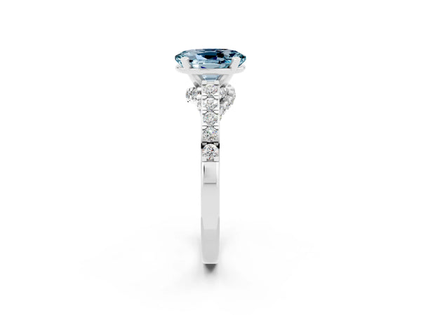 Platinum Oval Cut Aquamarine Solitaire Ring with Crossover Gallery and Round  Pavé Band