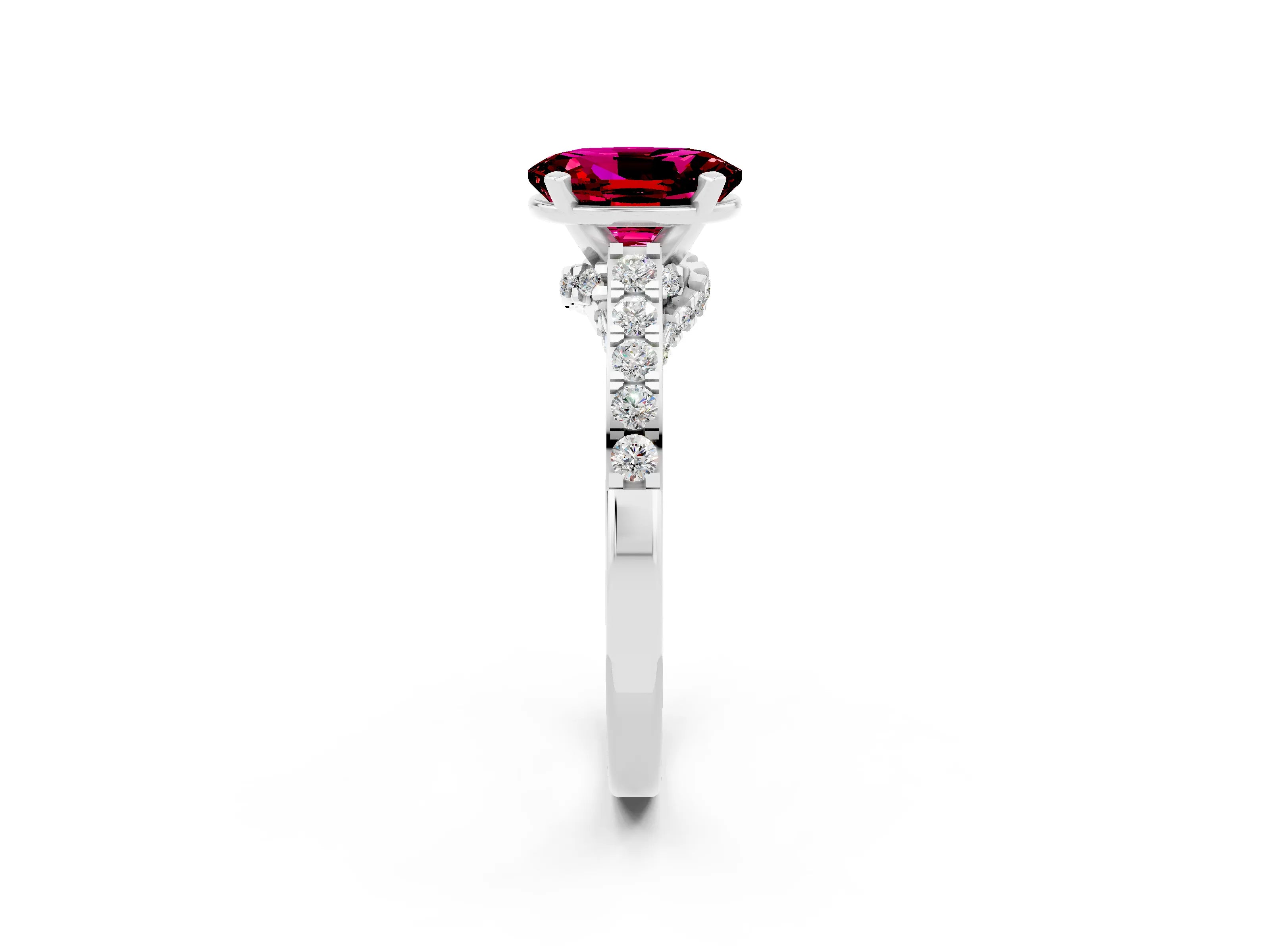 White gold Oval Cut Diamond Solitaire Ring with Pavé Band and Prong Setting_2