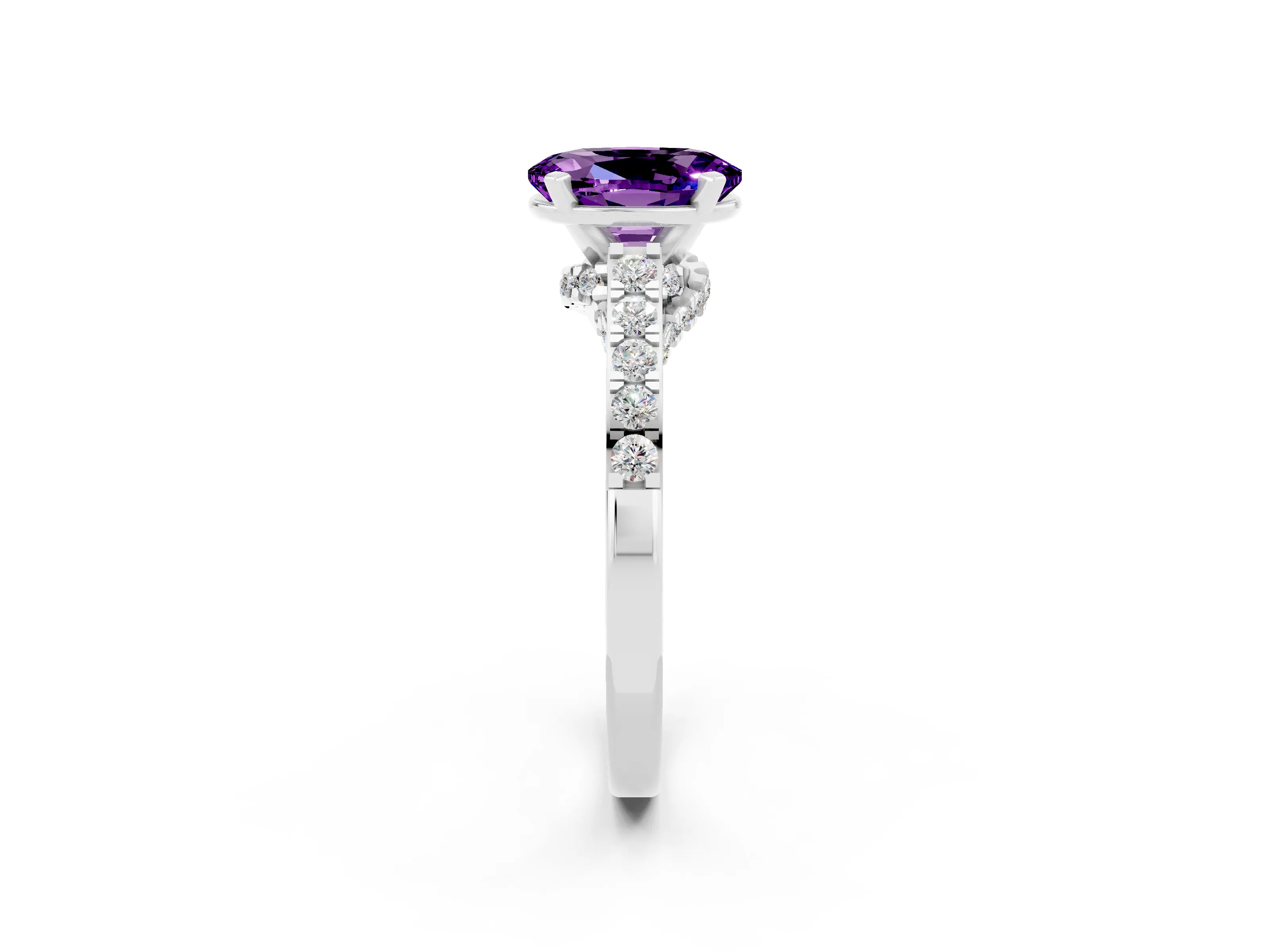 White gold Oval Cut Diamond Solitaire Ring with Pavé Band and Prong Setting_2