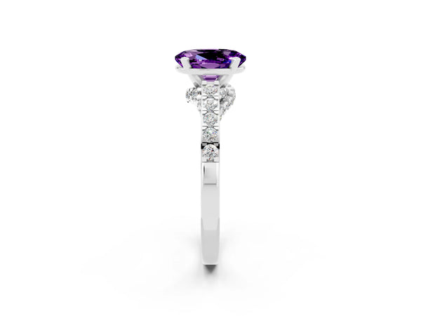 Silver Oval Cut Amethyst Solitaire Ring with Crossover Gallery and Round  Pavé Band