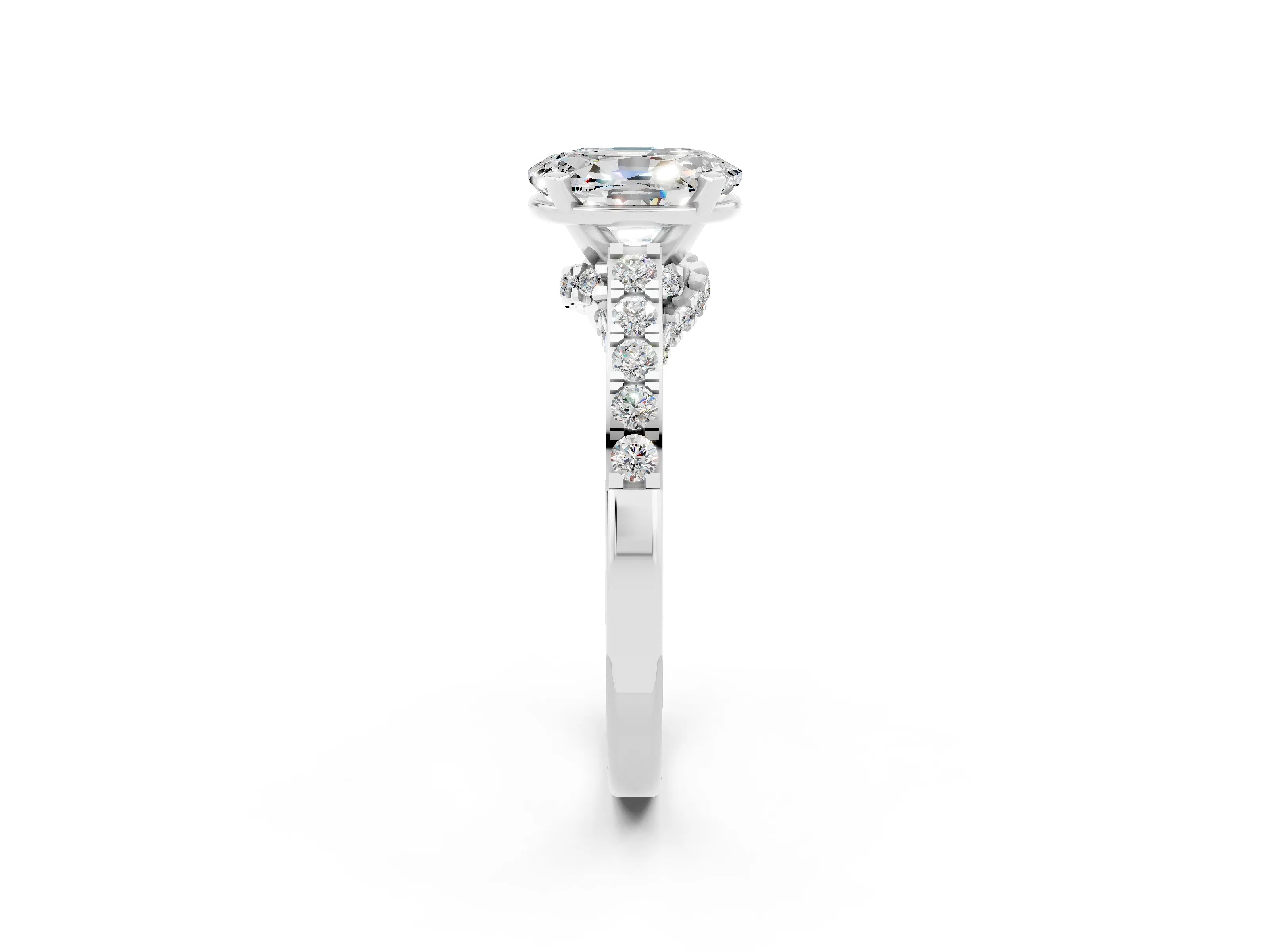 White gold Oval Cut Diamond Solitaire Ring with Pavé Band and Prong Setting_2