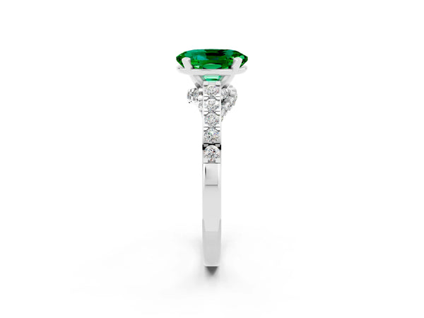 Silver Oval Cut Emerald Solitaire Ring with Crossover Gallery and Round  Pavé Band