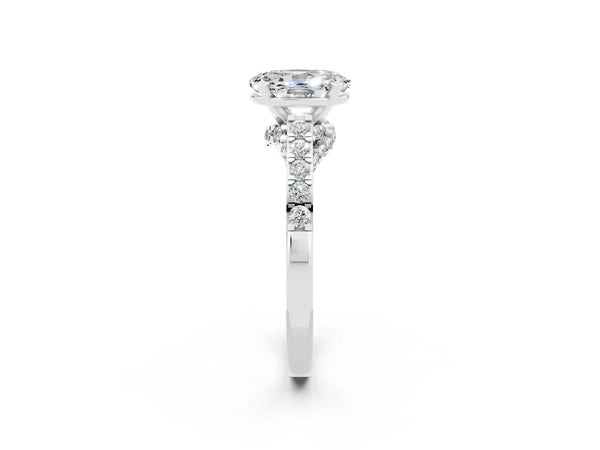 Silver Oval Cut Moissanite Solitaire Ring with Crossover Gallery and Round  Pavé Band