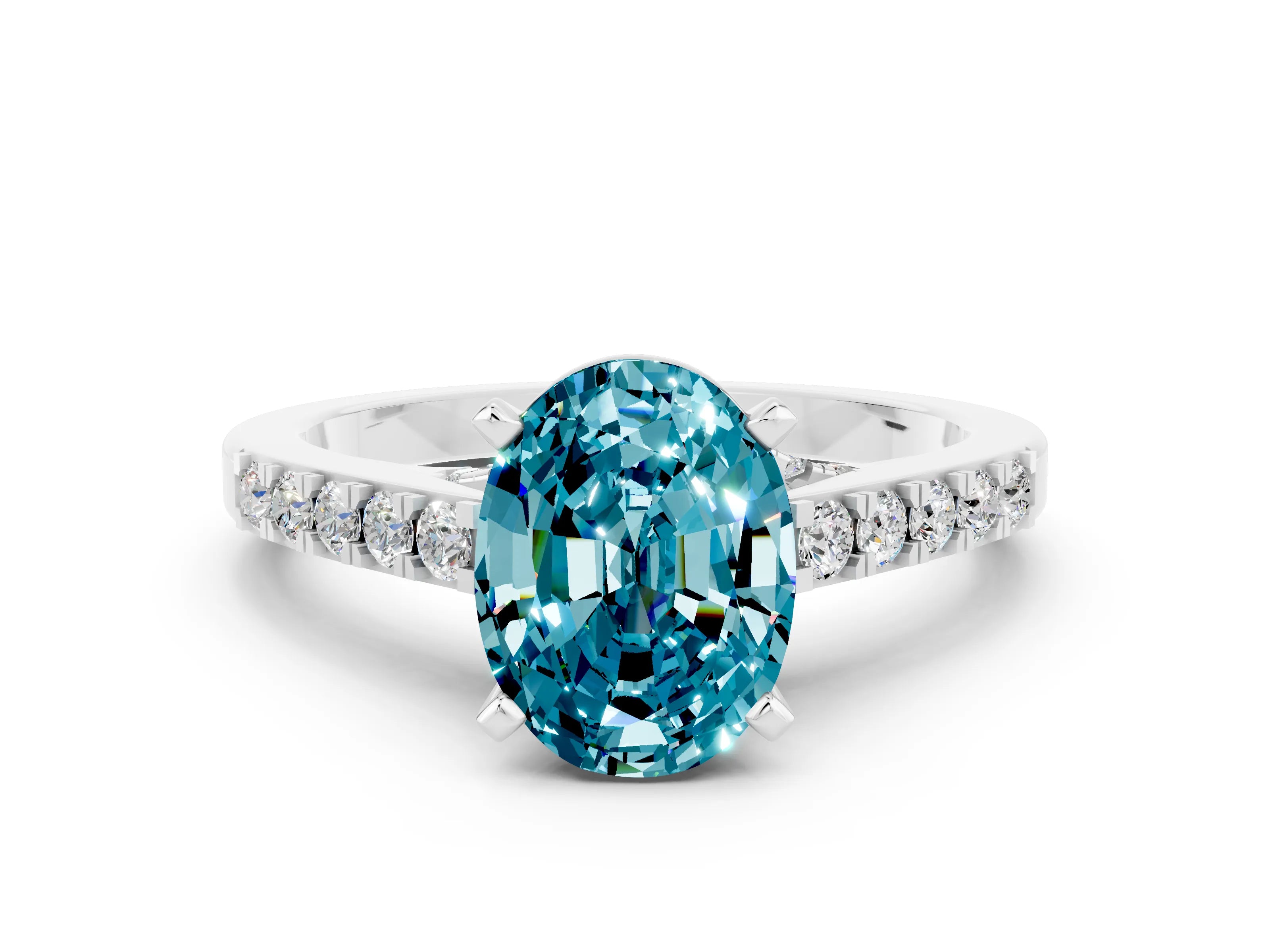 White gold Oval Cut Diamond Solitaire Ring with Pavé Band and Prong Setting