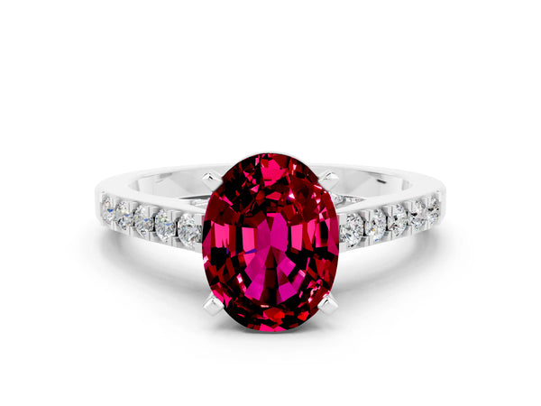White gold Oval Cut Garnet Solitaire Ring with Crossover Gallery and Round  Pavé Band