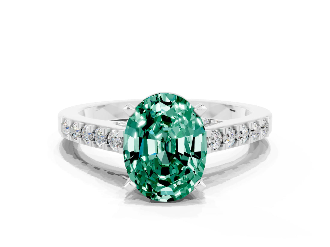 White gold Oval Cut Diamond Solitaire Ring with Pavé Band and Prong Setting