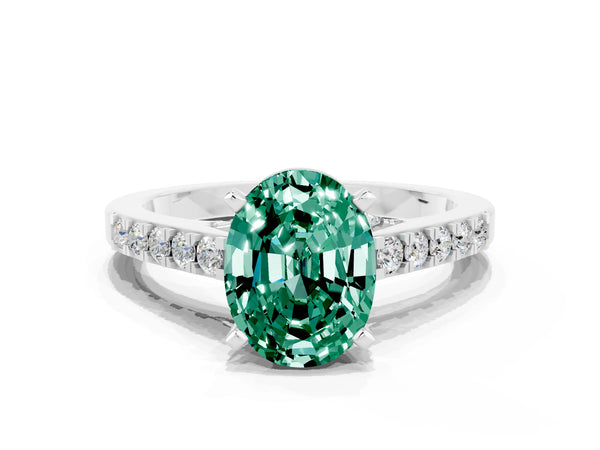 White gold Oval Cut Green Sapphire Solitaire Ring with Crossover Gallery and Round  Pavé Band
