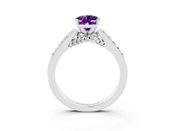 Platinum Oval Cut Amethyst Solitaire Ring with Crossover Gallery and Round  Pavé Band
