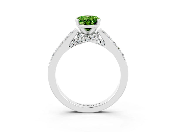 Silver Oval Cut Peridot Solitaire Ring with Crossover Gallery and Round  Pavé Band
