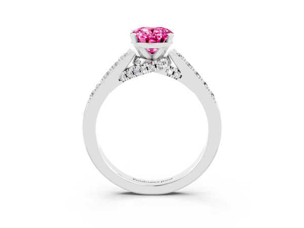 Silver Oval Cut Pink Sapphire Solitaire Ring with Crossover Gallery and Round  Pavé Band
