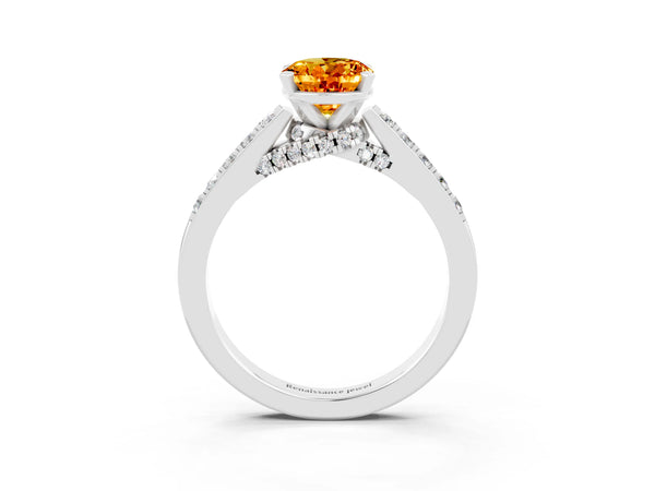Silver Oval Cut Citrine Solitaire Ring with Crossover Gallery and Round  Pavé Band