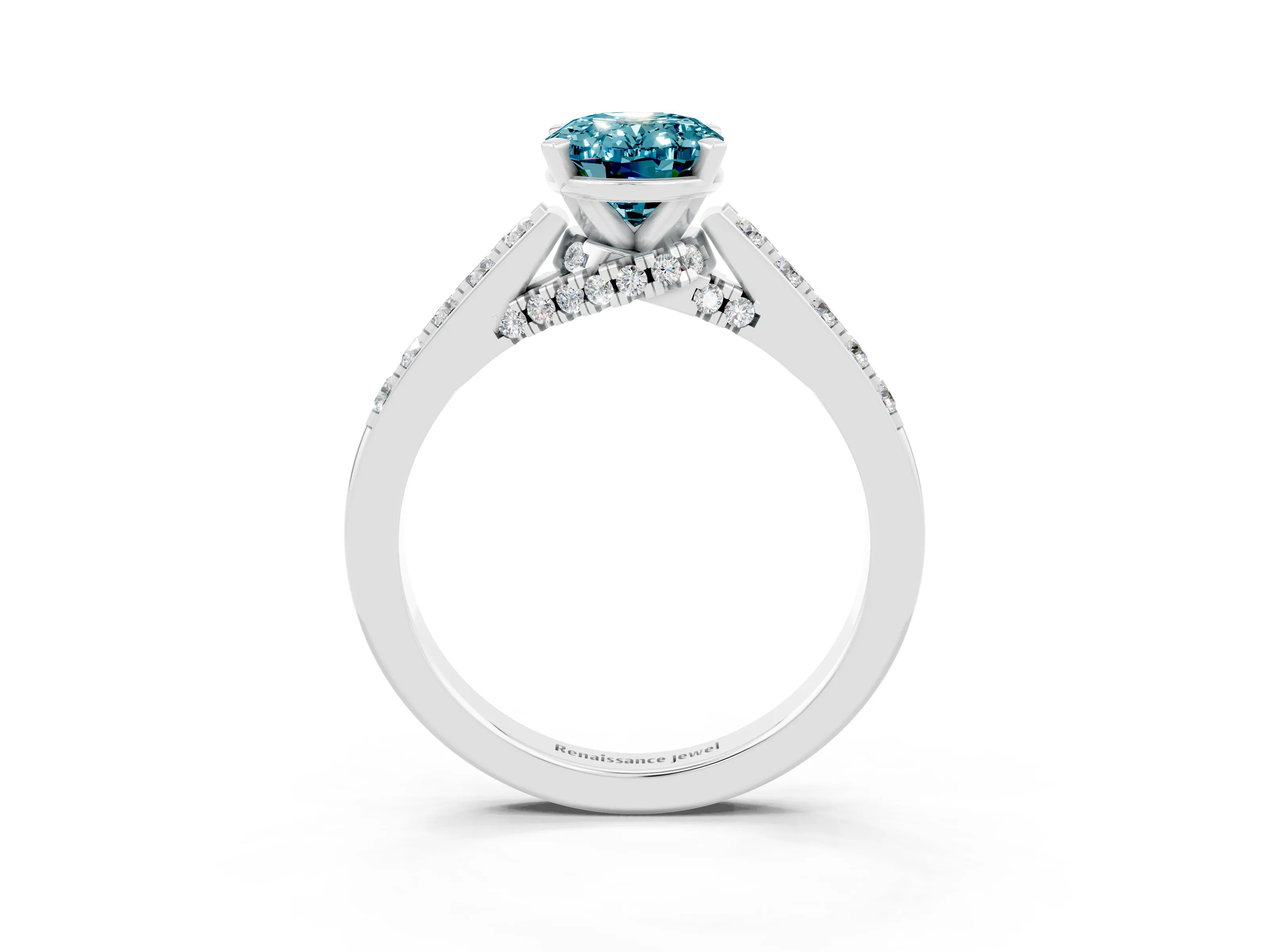 White gold Oval Cut Diamond Solitaire Ring with Pavé Band and Prong Setting_3