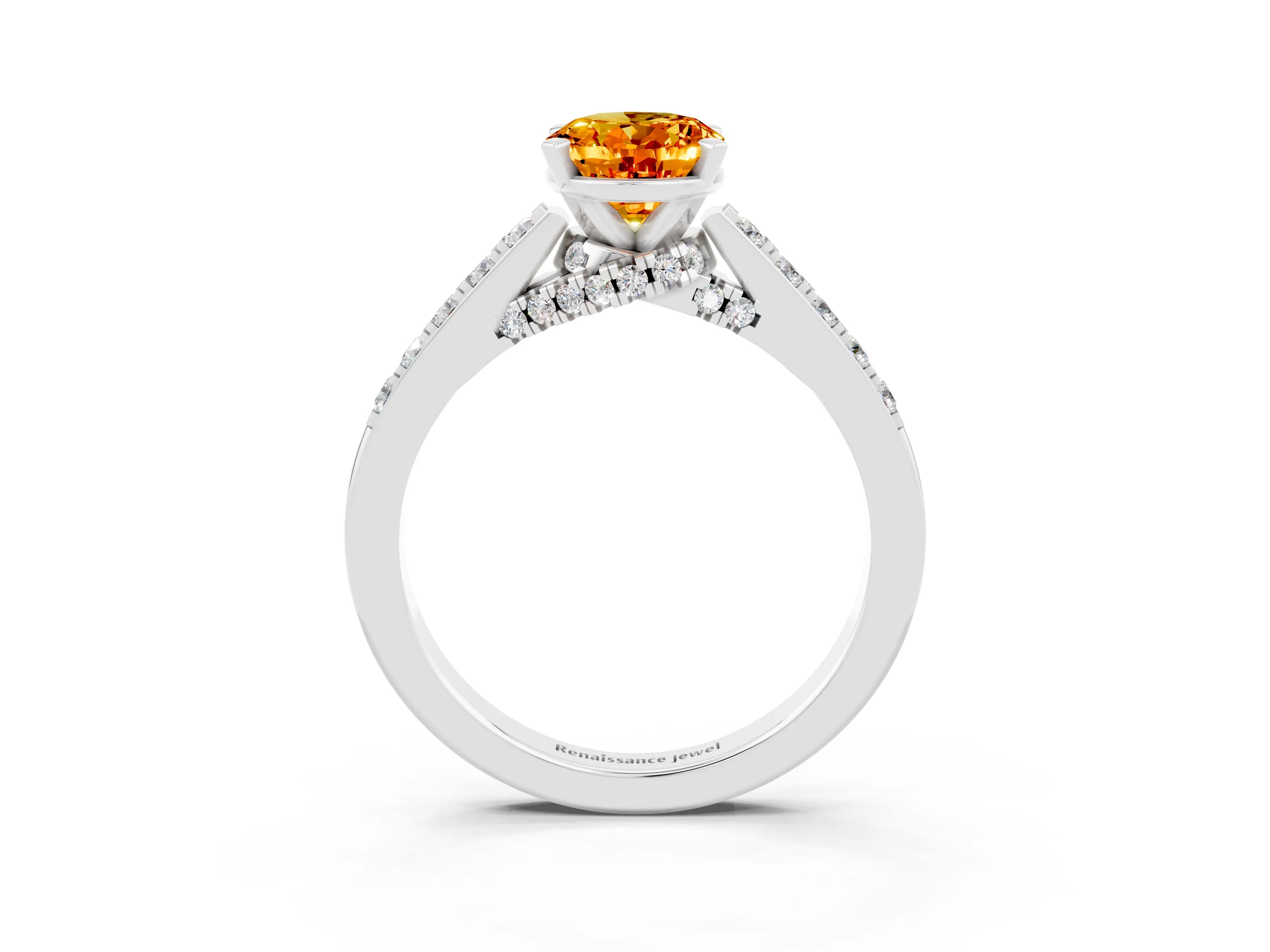 White gold Oval Cut Diamond Solitaire Ring with Pavé Band and Prong Setting_3