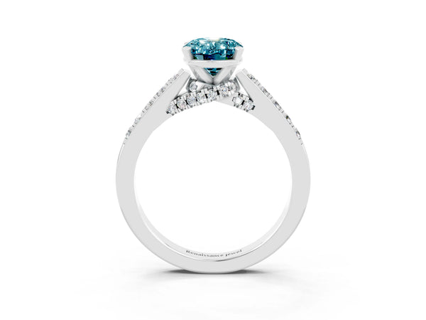 Platinum Oval Cut Blue Topaz Solitaire Ring with Crossover Gallery and Round  Pavé Band