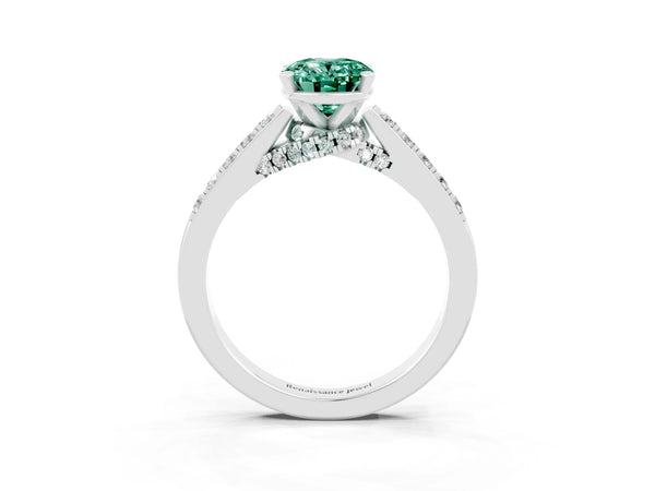 White gold Oval Cut Green Sapphire Solitaire Ring with Crossover Gallery and Round  Pavé Band