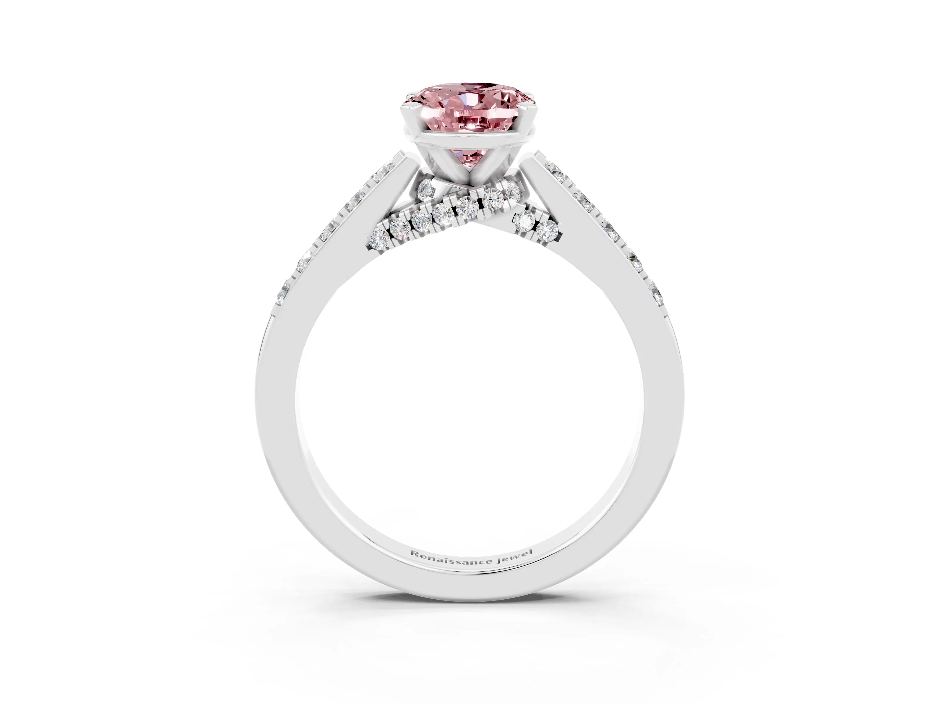 White gold Oval Cut Diamond Solitaire Ring with Pavé Band and Prong Setting_3