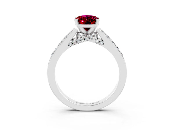 Platinum Oval Cut Garnet Solitaire Ring with Crossover Gallery and Round  Pavé Band