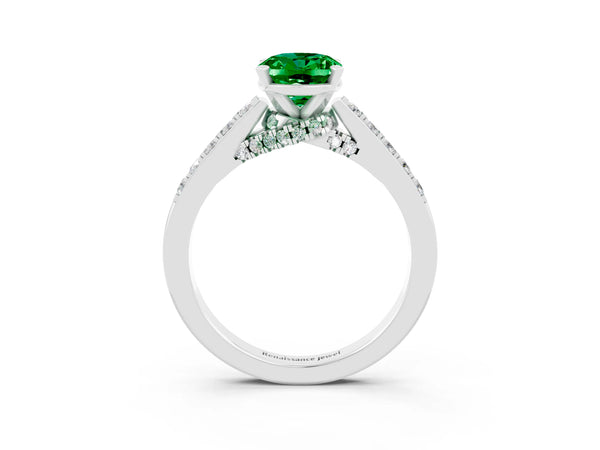 Platinum Oval Cut Emerald Solitaire Ring with Crossover Gallery and Round  Pavé Band