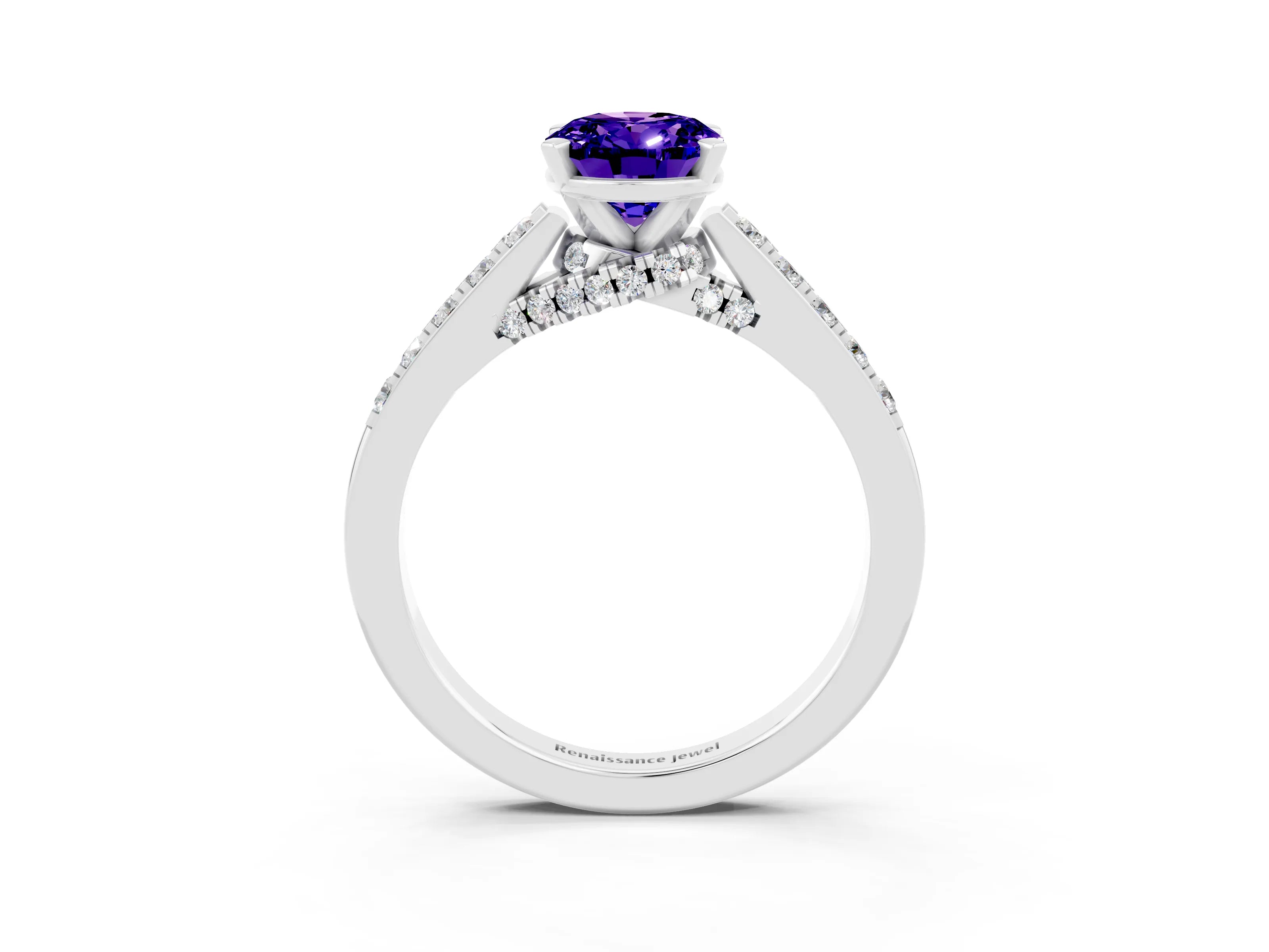 White gold Oval Cut Diamond Solitaire Ring with Pavé Band and Prong Setting_3