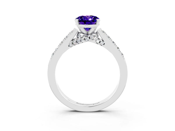 Platinum Oval Cut Tanzanite Solitaire Ring with Crossover Gallery and Round  Pavé Band