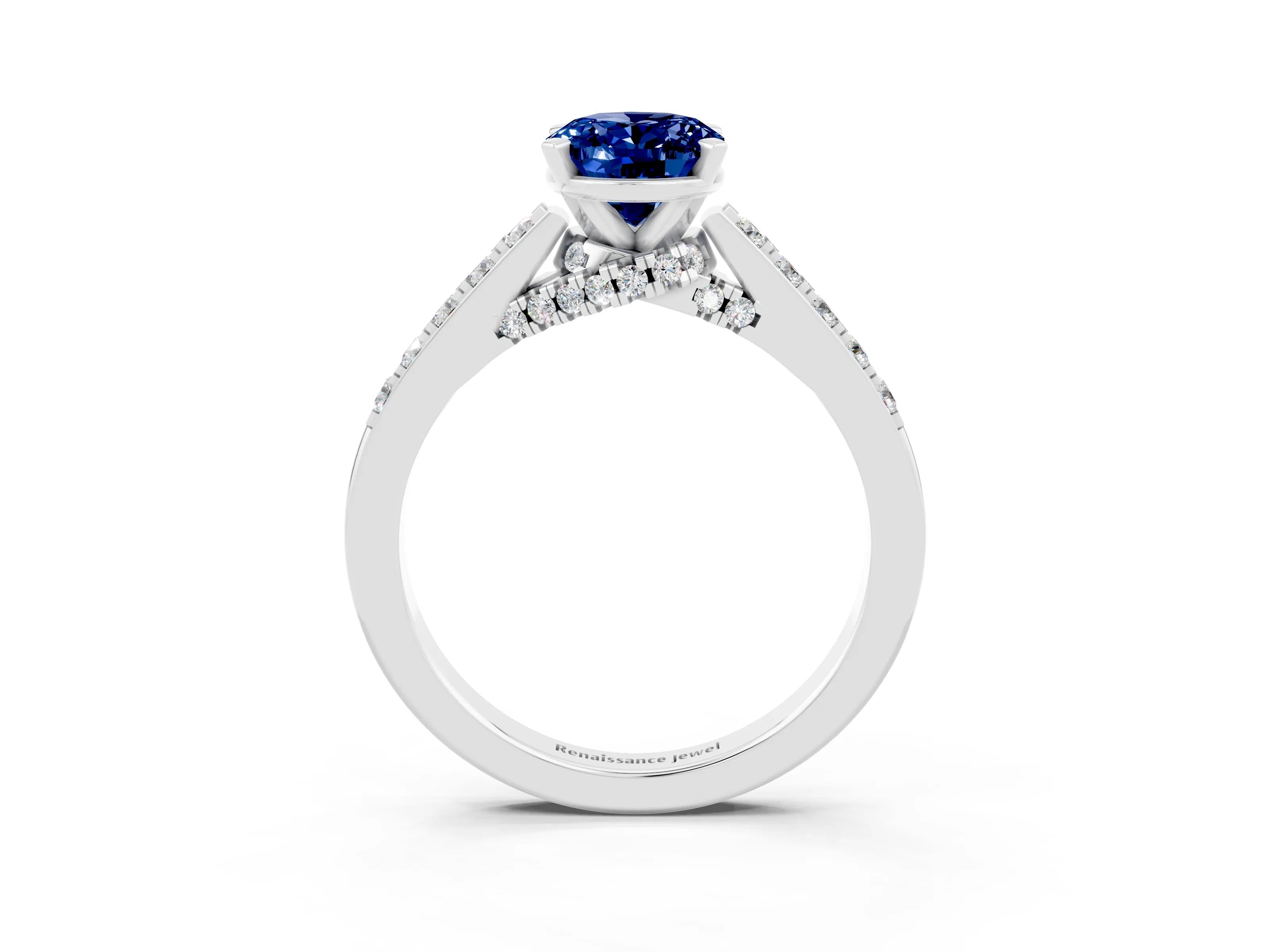 White gold Oval Cut Diamond Solitaire Ring with Pavé Band and Prong Setting_3