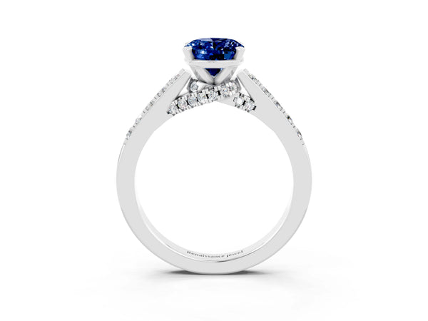 Silver Oval Cut Blue Sapphire Solitaire Ring with Crossover Gallery and Round  Pavé Band