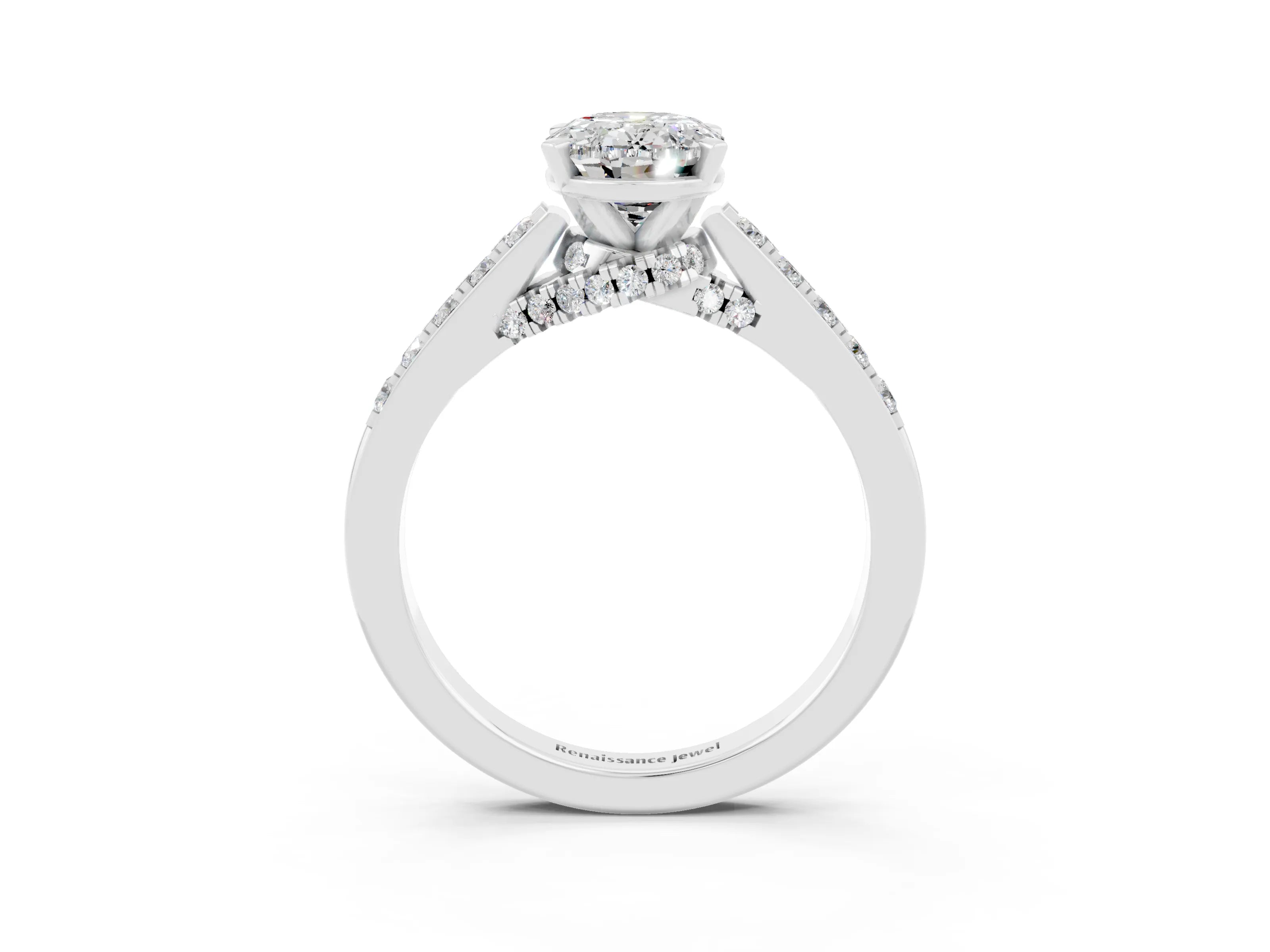 White gold Oval Cut Diamond Solitaire Ring with Pavé Band and Prong Setting_3