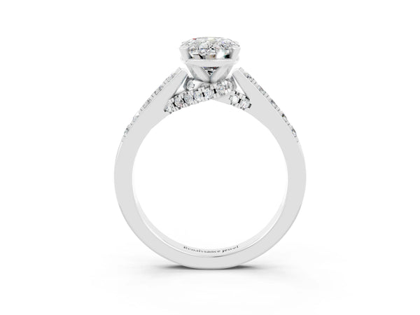 Platinum Oval Cut Moissanite Solitaire Ring with Crossover Gallery and Round  Pavé Band