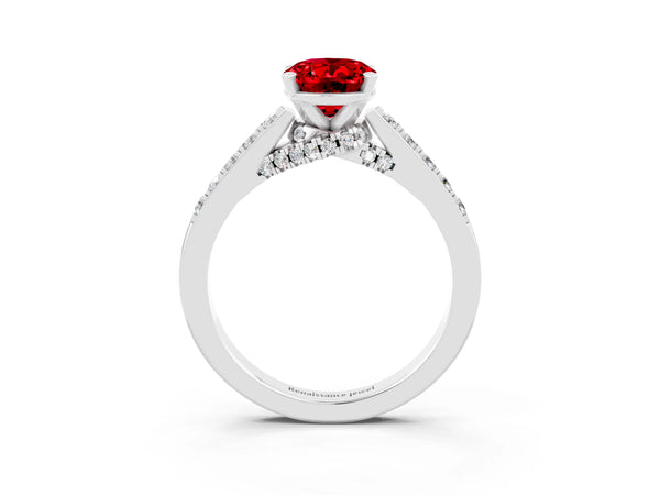 White gold Oval Cut Ruby Solitaire Ring with Crossover Gallery and Round  Pavé Band