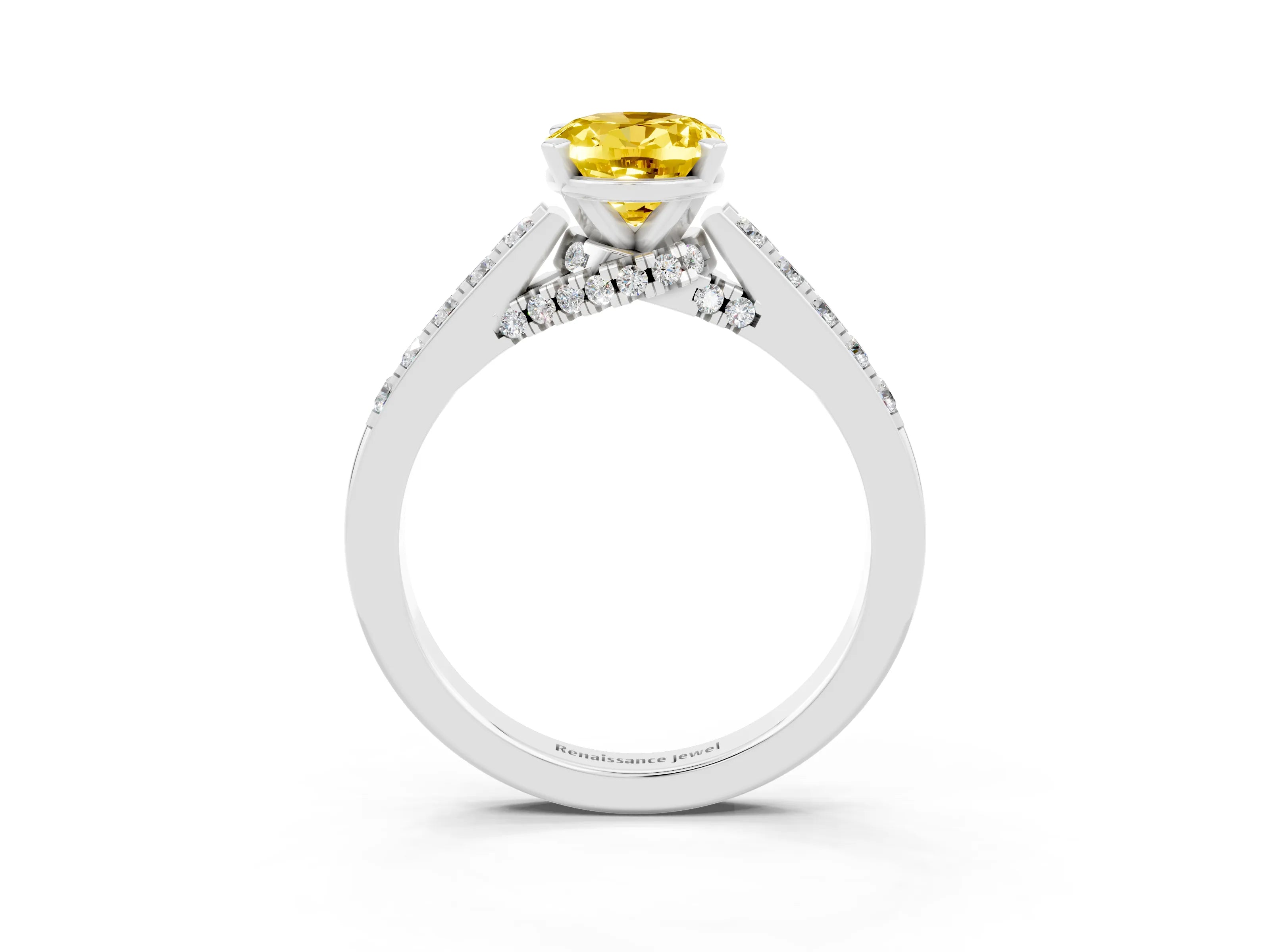 White gold Oval Cut Diamond Solitaire Ring with Pavé Band and Prong Setting_3