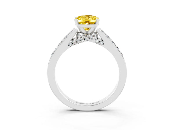 White gold Oval Cut Yellow Sapphire Solitaire Ring with Crossover Gallery and Round  Pavé Band
