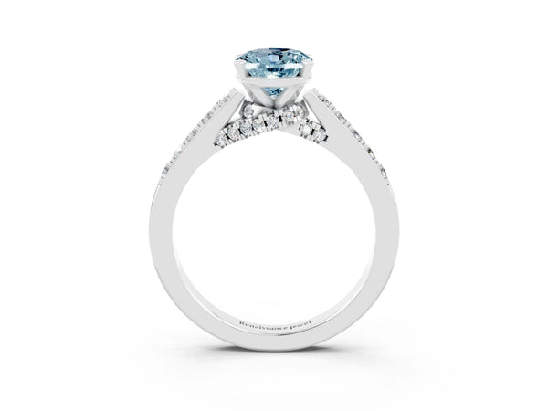 Platinum Oval Cut Aquamarine Solitaire Ring with Crossover Gallery and Round  Pavé Band