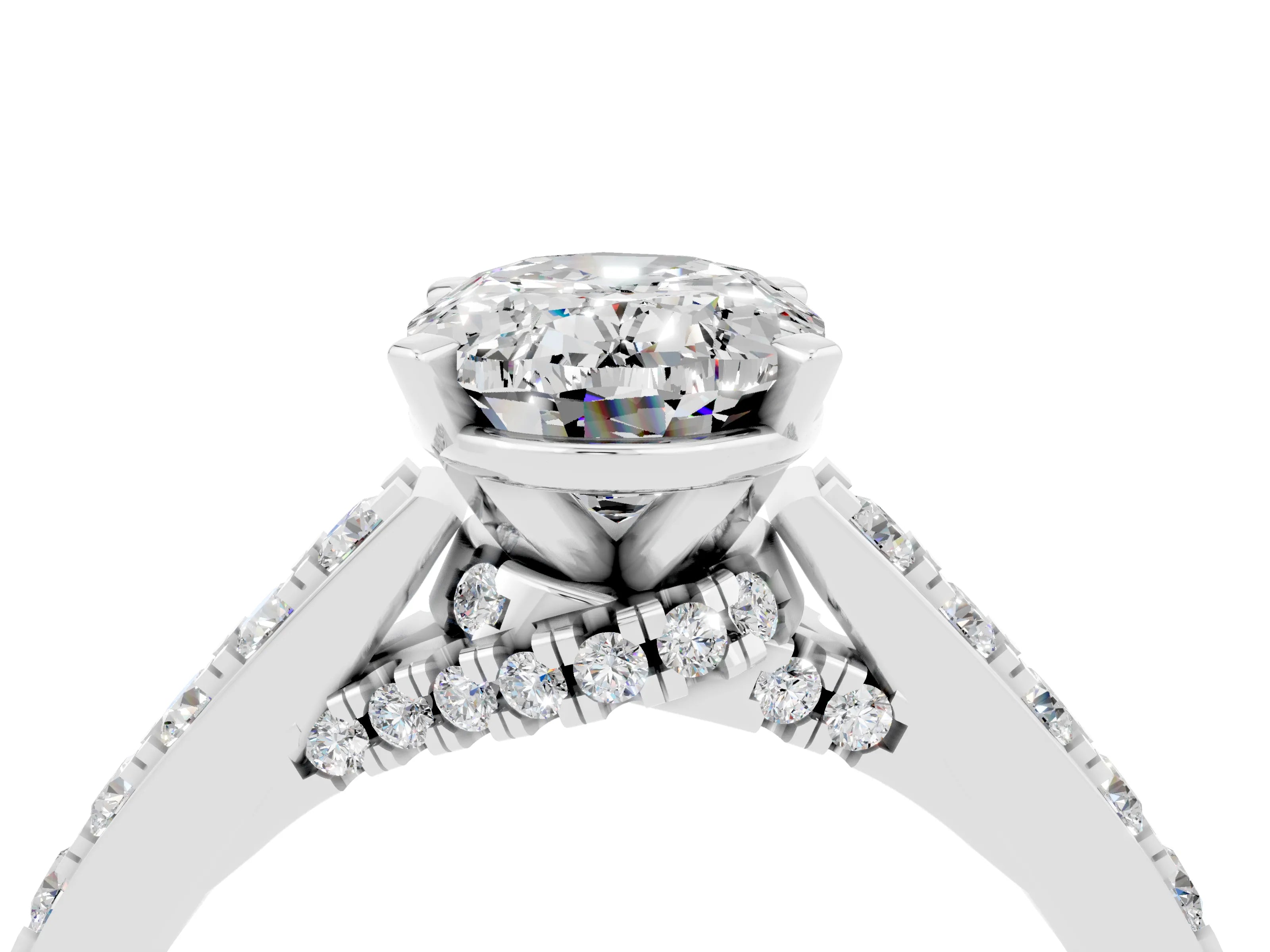 White gold Oval Cut Diamond Solitaire Ring with Pavé Band and Prong Setting_4