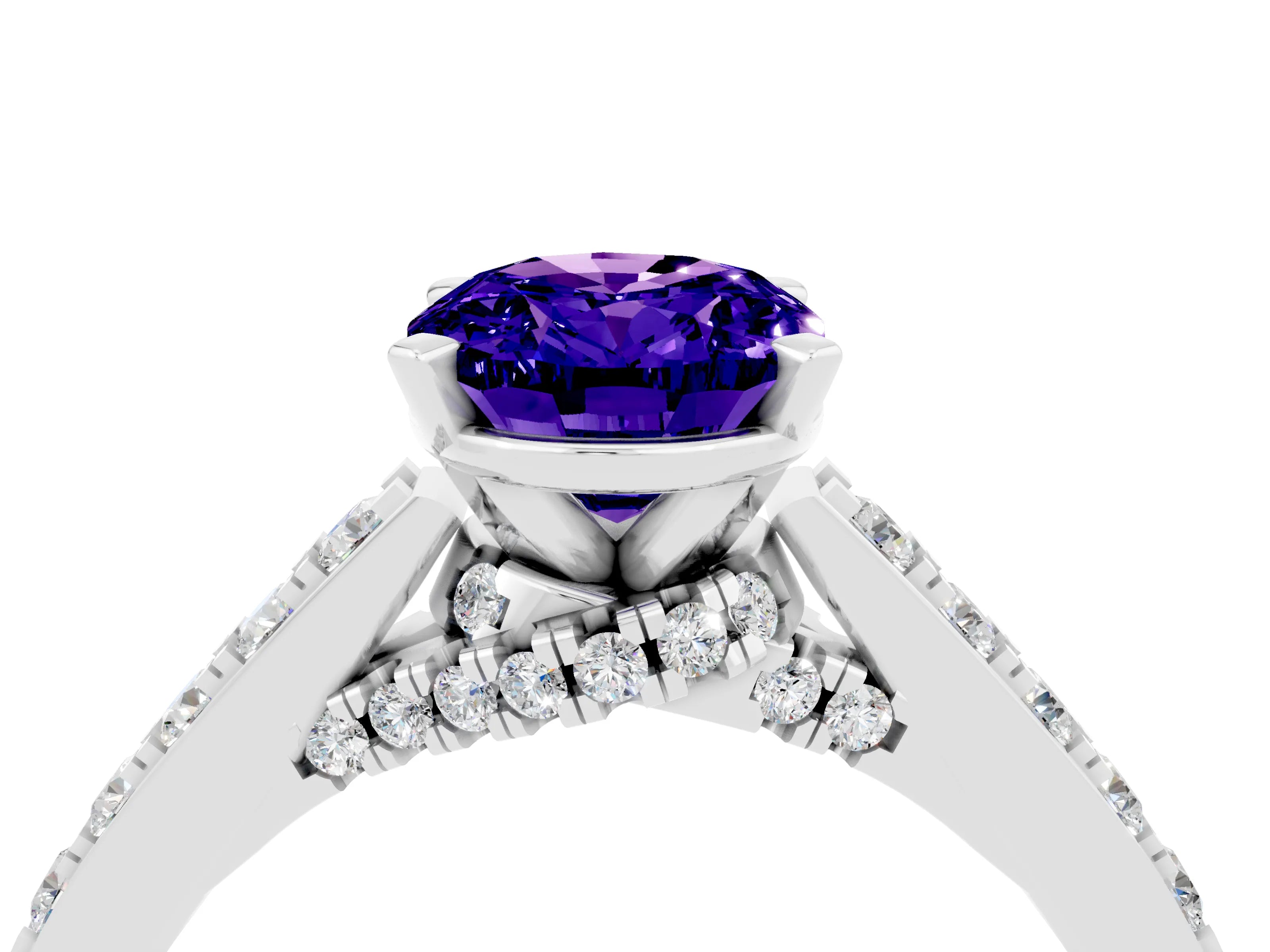White gold Oval Cut Diamond Solitaire Ring with Pavé Band and Prong Setting_4