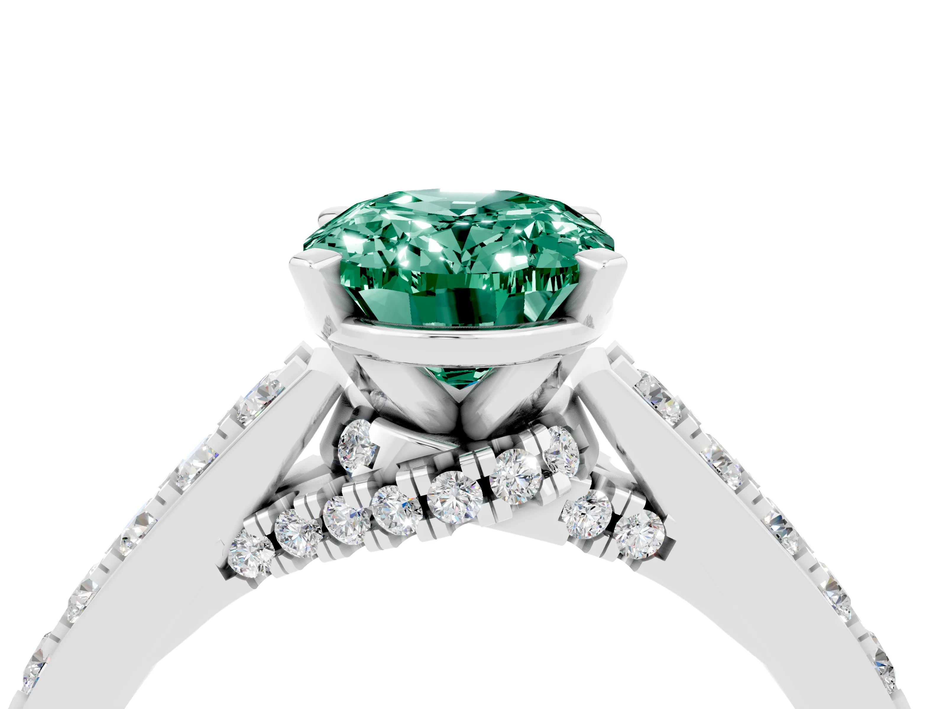White gold Oval Cut Diamond Solitaire Ring with Pavé Band and Prong Setting_4
