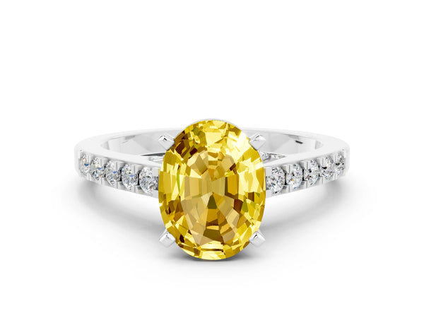 Silver Oval Cut Yellow Sapphire Solitaire Ring with Crossover Gallery and Round  Pavé Band