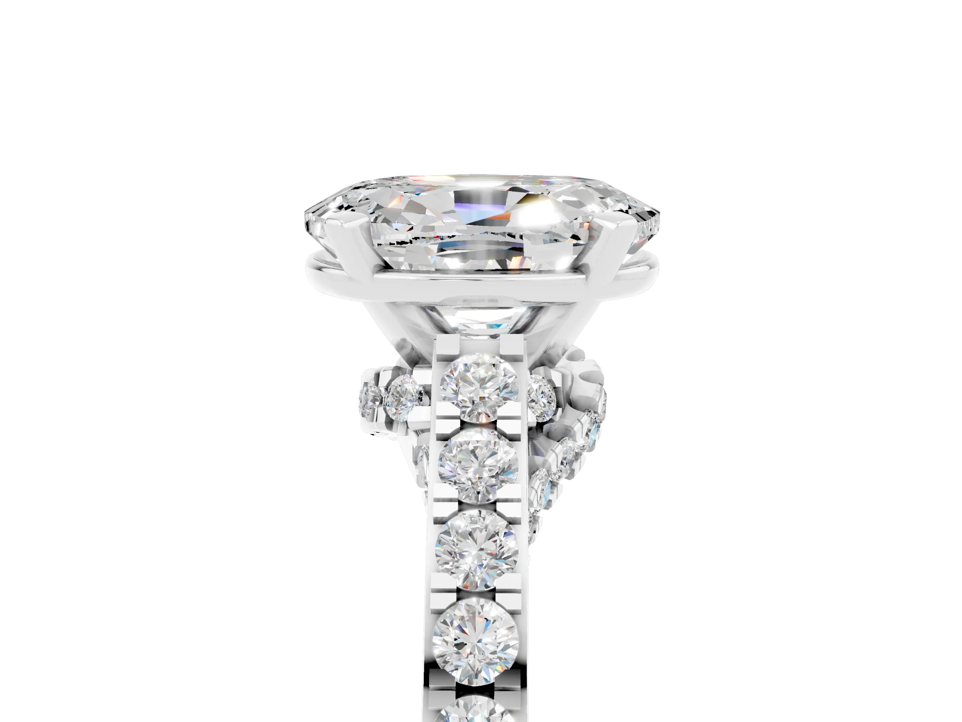 White gold Oval Cut Diamond Solitaire Ring with Pavé Band and Prong Setting_5