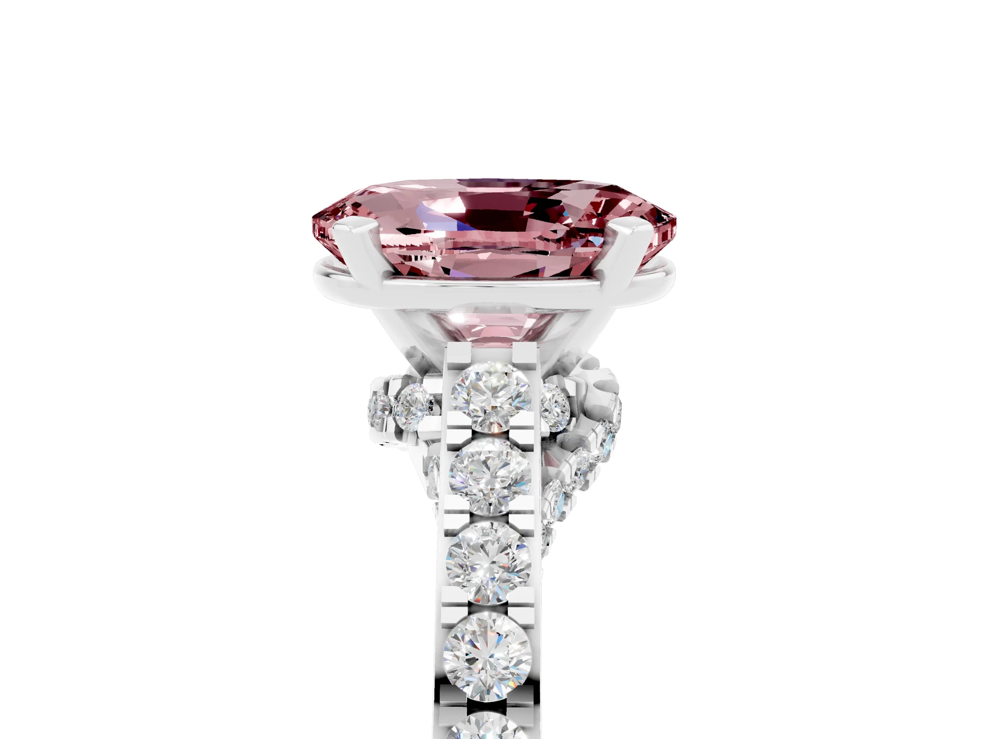 White gold Oval Cut Diamond Solitaire Ring with Pavé Band and Prong Setting_5