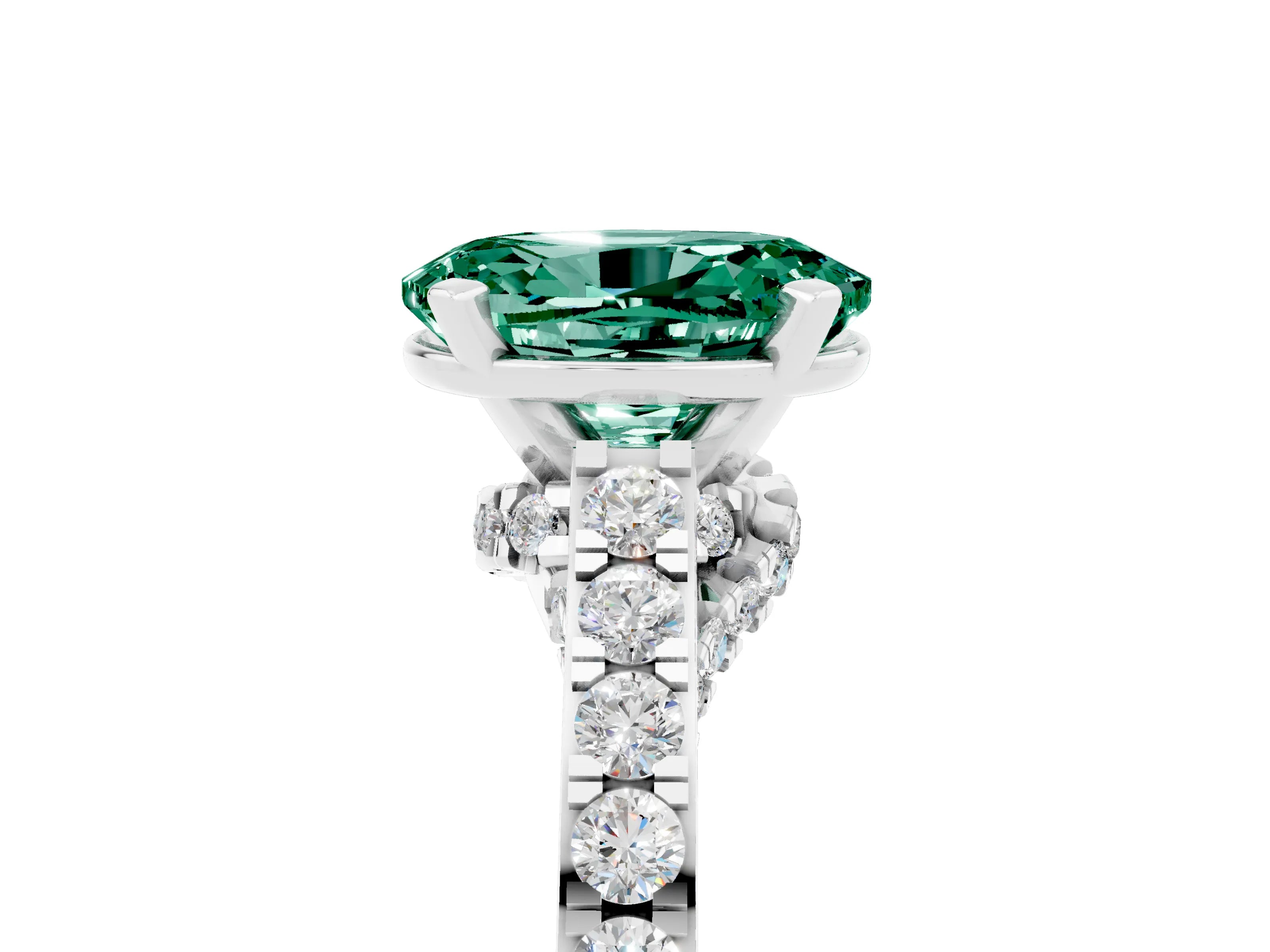 White gold Oval Cut Diamond Solitaire Ring with Pavé Band and Prong Setting_5