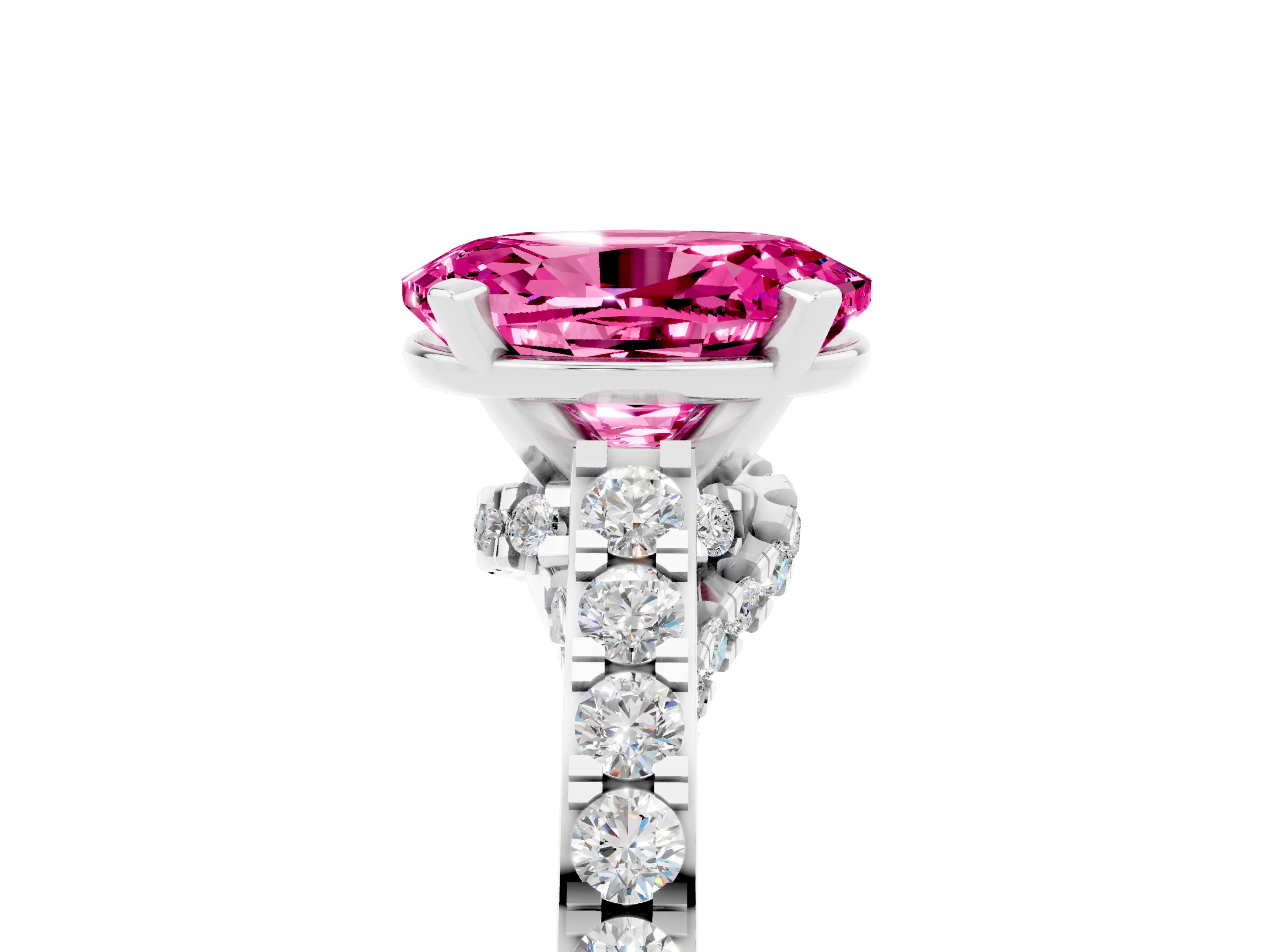 White gold Oval Cut Diamond Solitaire Ring with Pavé Band and Prong Setting_5